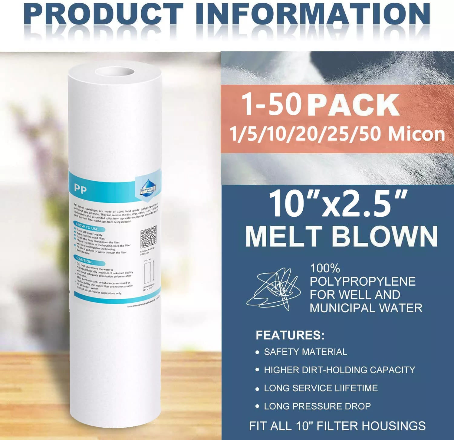 Membrane Solutions 10" x 2.5" Whole House PP Sediment Water Filter Replacement Cartridge 1/5/10/20/25/50 Micron