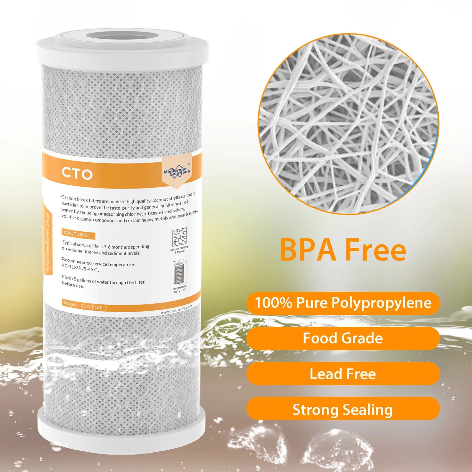 Membrane Solutions 10" x 4.5" CTO Activated Carbon Water Filter for Big Blue 5 Micron