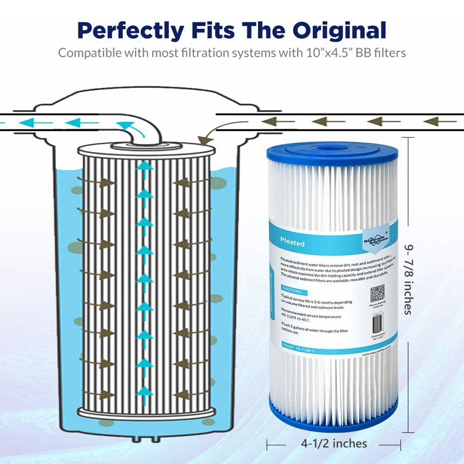 Membrane Solutions Pleated Water Filter Home 10"x4.5" Whole House Heavy Duty Sediment Replacement Cartridge 5/20/50 Micron
