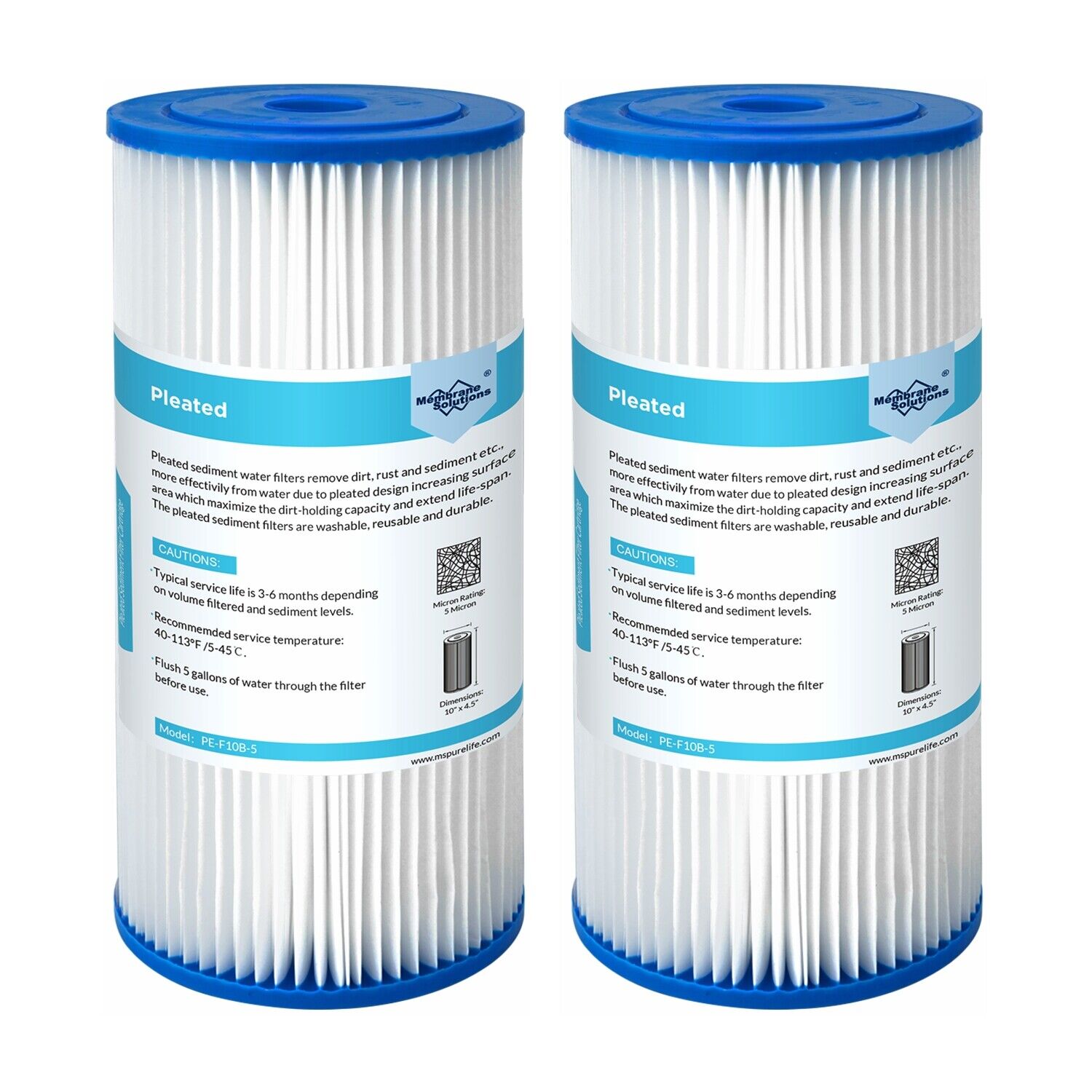 Membrane Solutions Pleated Water Filter Home 10"x4.5" Whole House Heavy Duty Sediment Replacement Cartridge 5/20/50 Micron