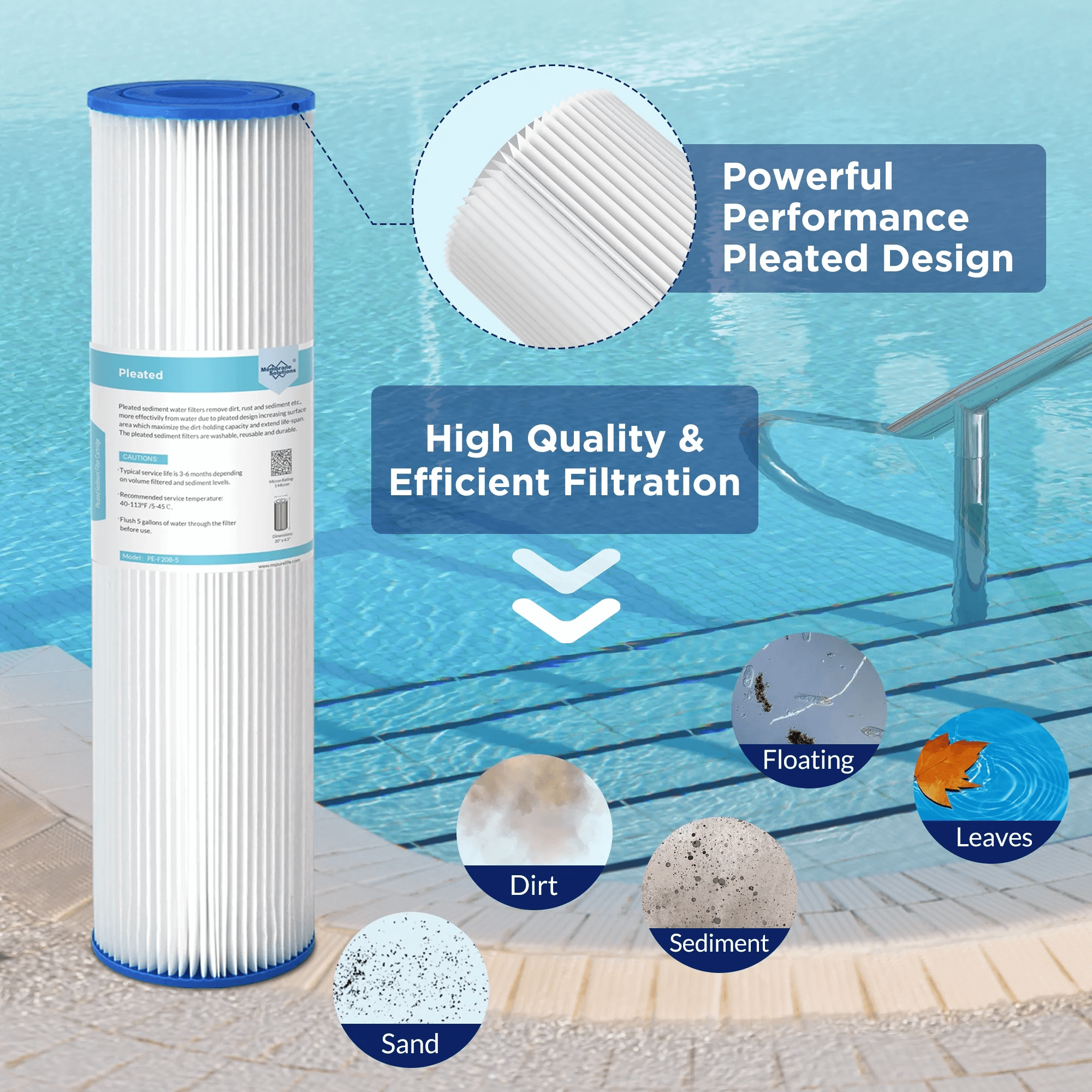 Membrane Solutions 10" x 2.5" Pleated Polyester Sediment Water Filter  Replacement Cartridge Universal Whole House Pre-Filter 5/20/50 Micron