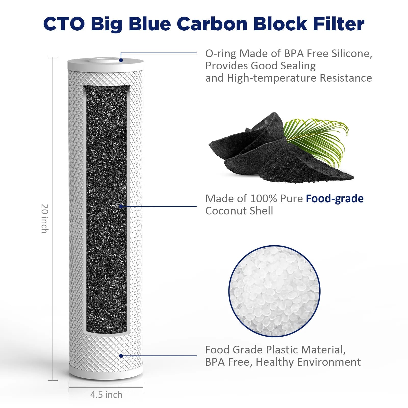Membrane Solutions 20" x 4.5" 20 inch 5 Micron Coconut Shell Activated Carbon Block Filter Whole House Sediment Water Filter Cartridge Replacement
