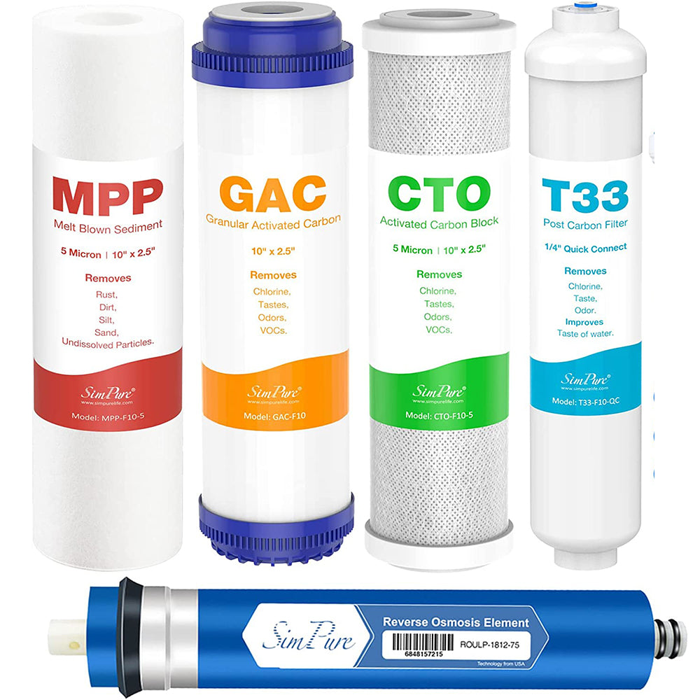 SimPure T1 5-Stage Reverse Osmosis Filter Replacement Set With Quick Connect- Universal Standard Size 10 x 2.5 Inch
