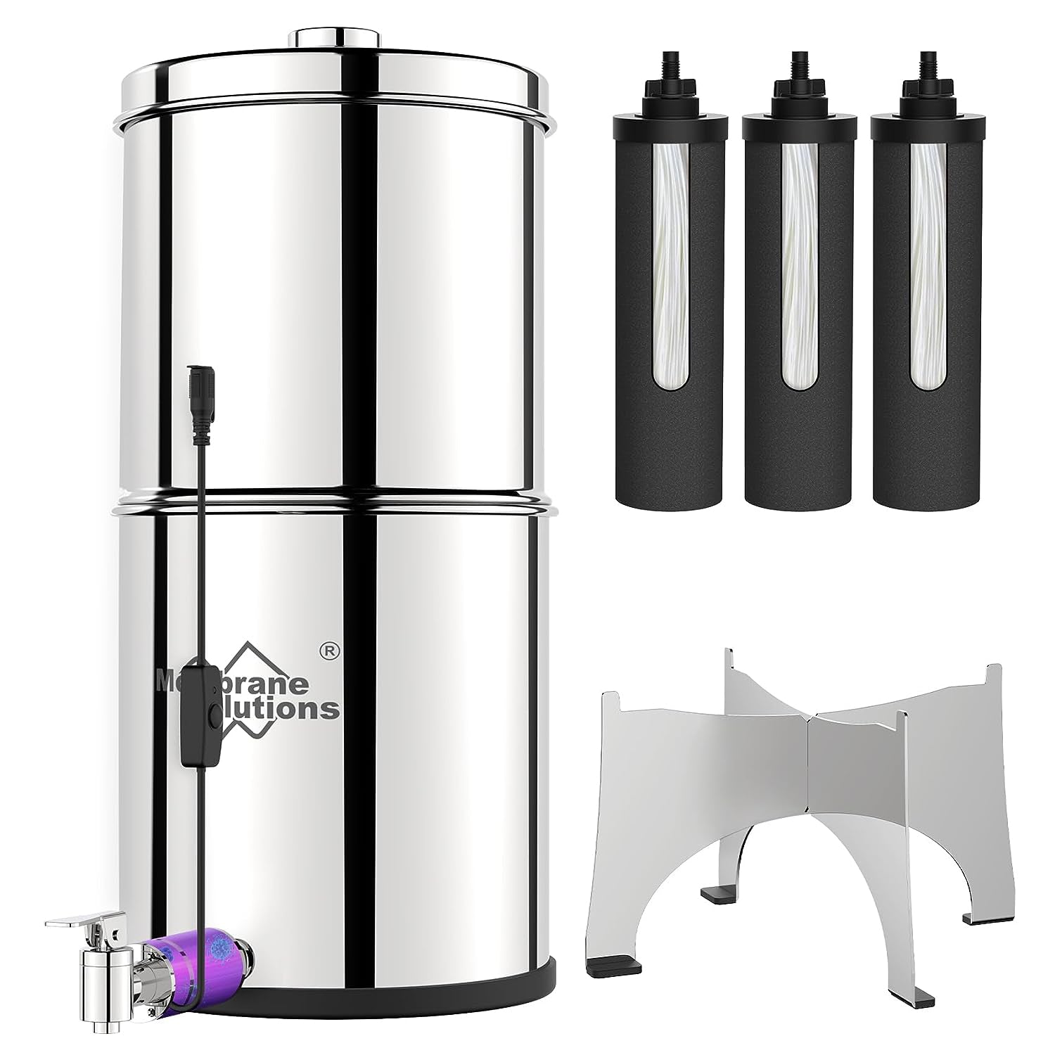 Membrane Solutions U3P UV Stainless Steel Gravity Water Filter Fed Tank with 3 UF Filters | 2.25 Gallons for Home, Camping, Travel, RV, Emergency