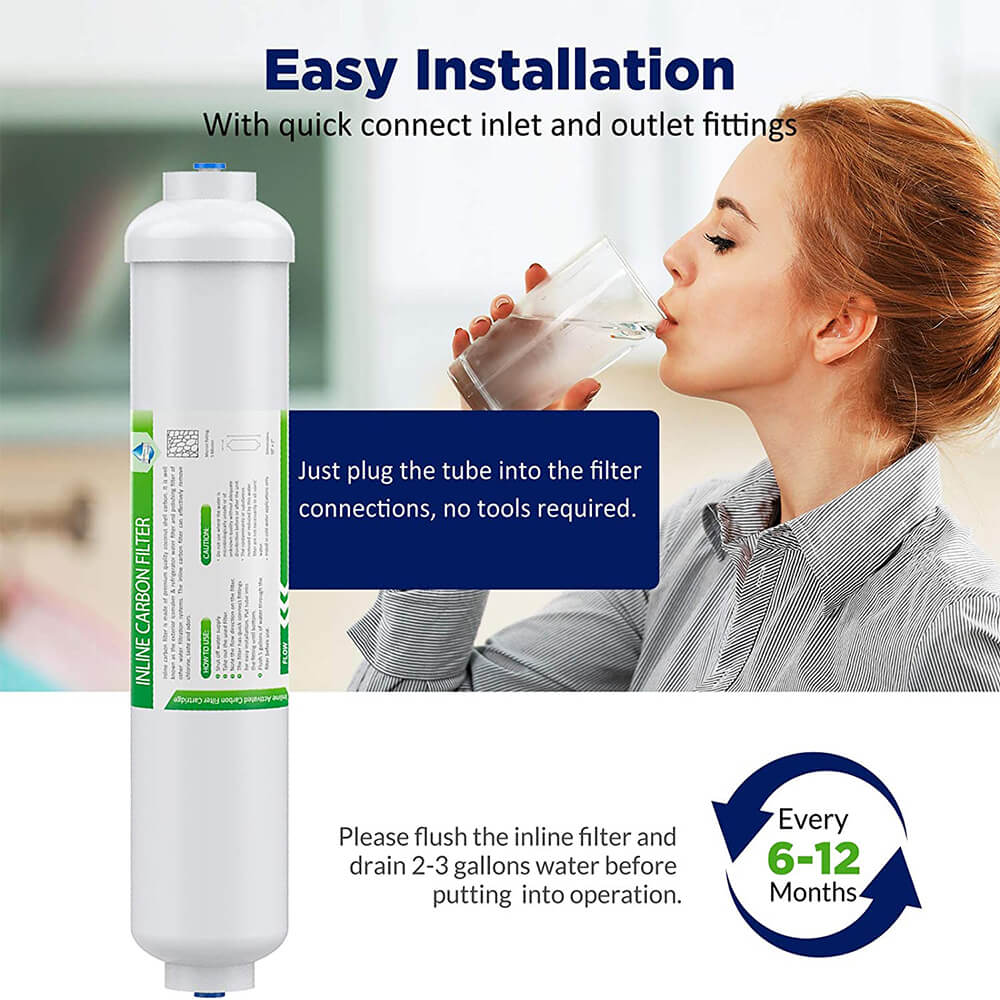 Membrane Solutions Inline T33 Water Filter, 1/4" Quick-Connect Filter Replacement Cartridge In-line Filter for Refrigerator & Ice Maker, Post-Carbon Filter for RO Water System