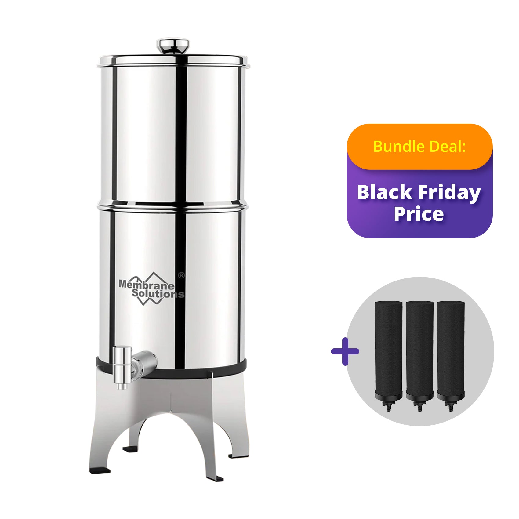 Membrane Solutions U3P 2.25-Gallons Stainless Steel Gravity Water Filter Fed Tank with 3 Black Filters