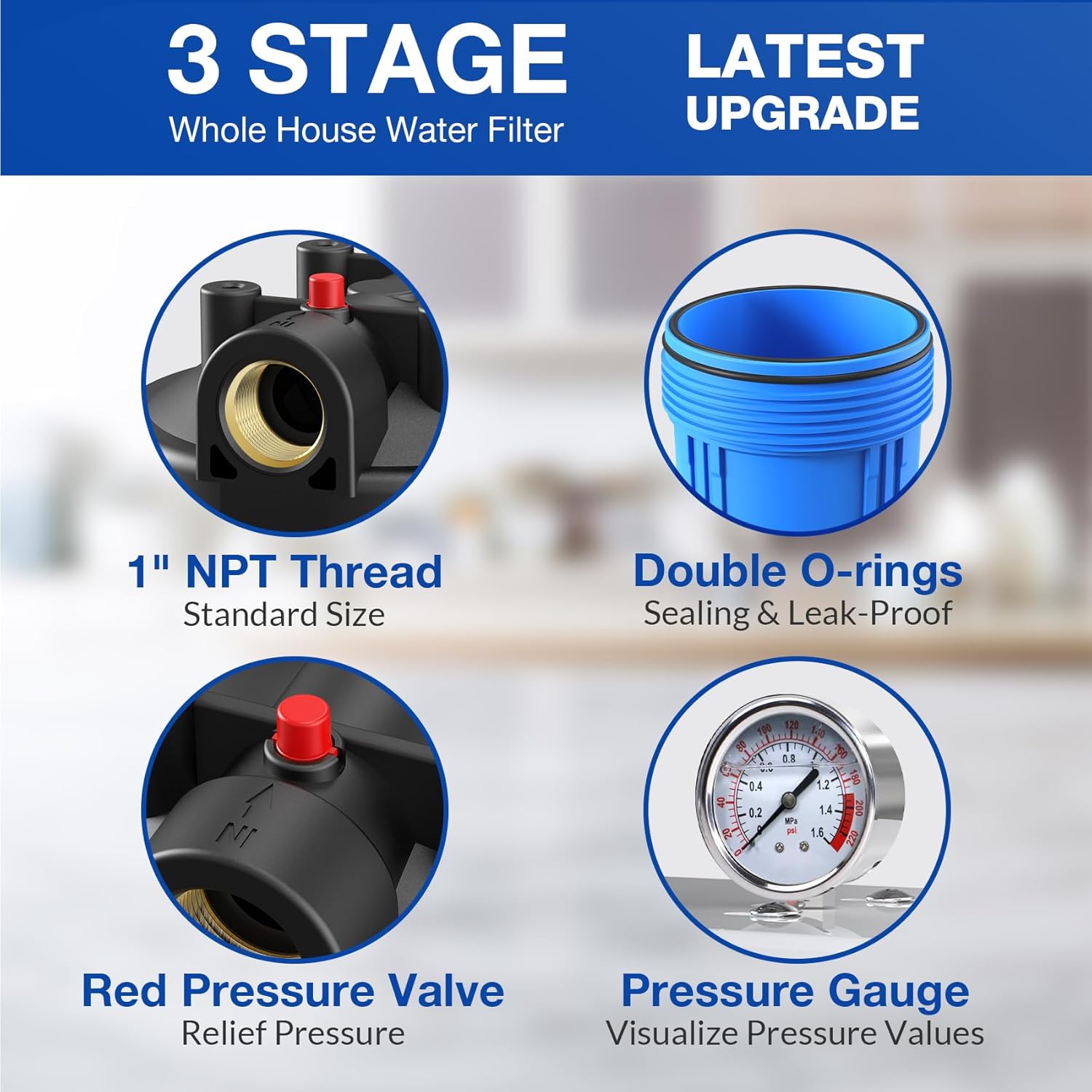 SimPure DB20P-3 3-Stage Whole House Water Filtration System with 5 Micron 20” x 4.5” Sediment & Carbon Water Filters for City/Well Water