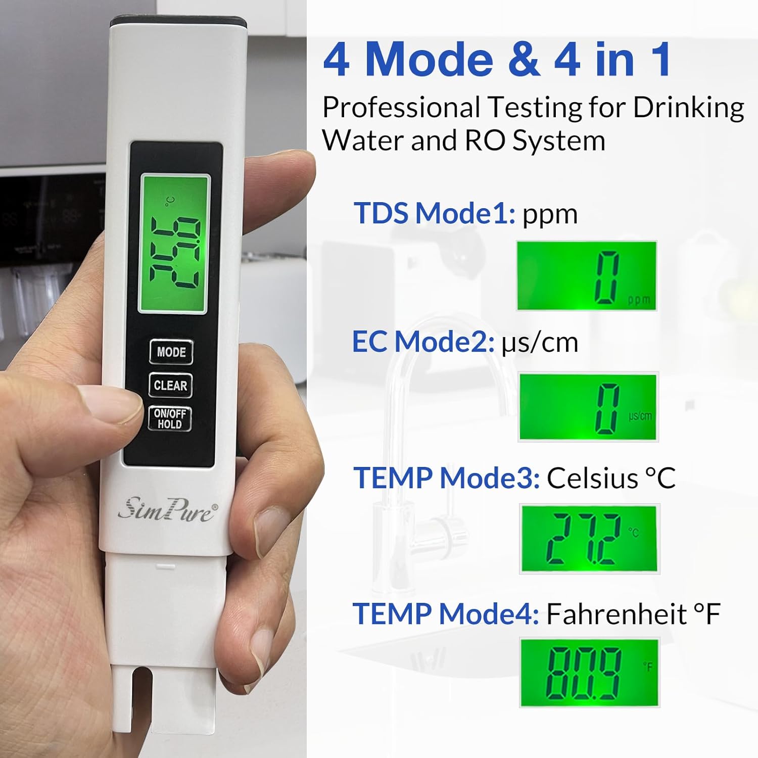 SimPure TDS Meter Digital Water Tester | 4 in 1 TDS EC & Temperature Meter