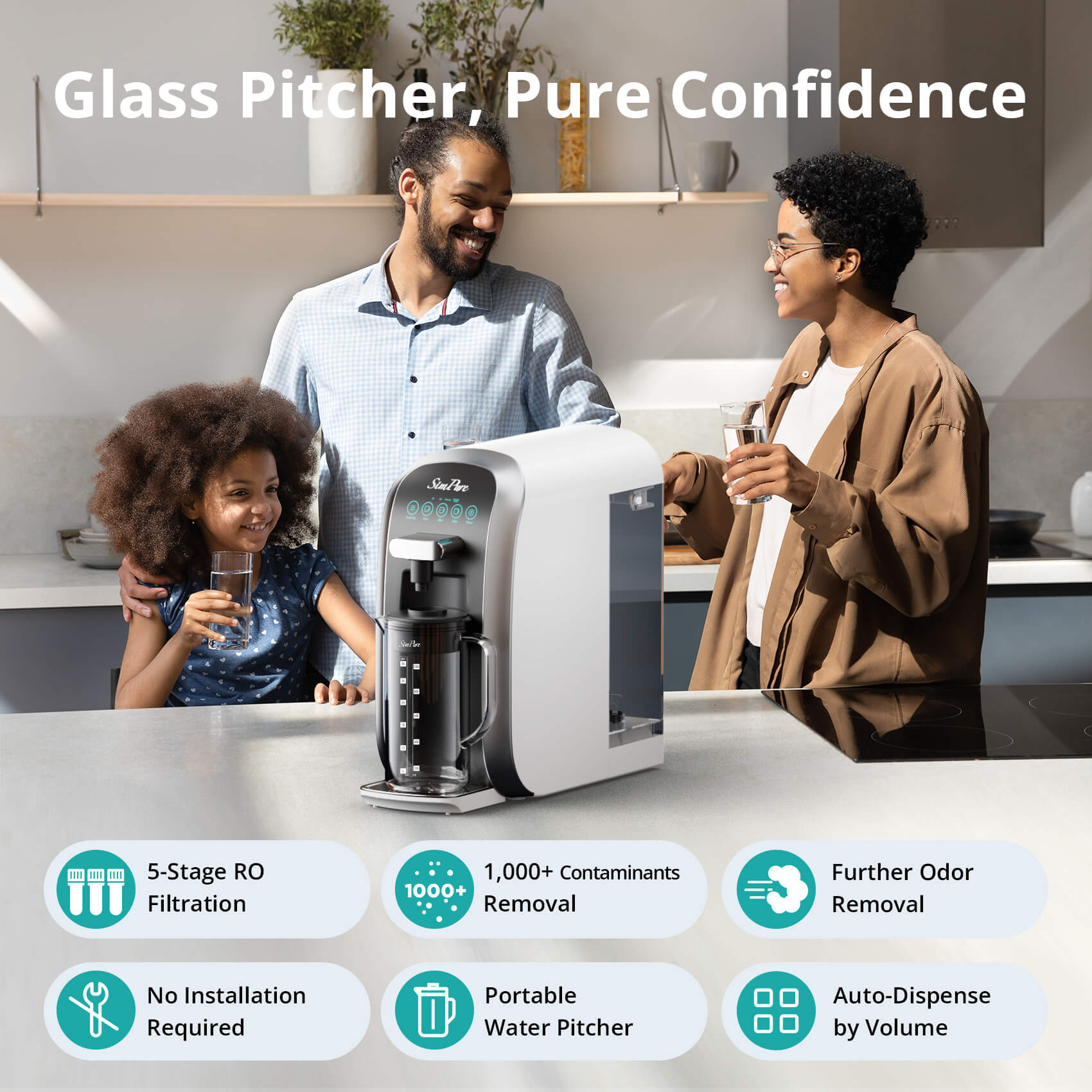 SimPure Y7T-C 5-Stage Countertop RO System with Portable Glass Water Pitcher & Extra Carbon Filtration