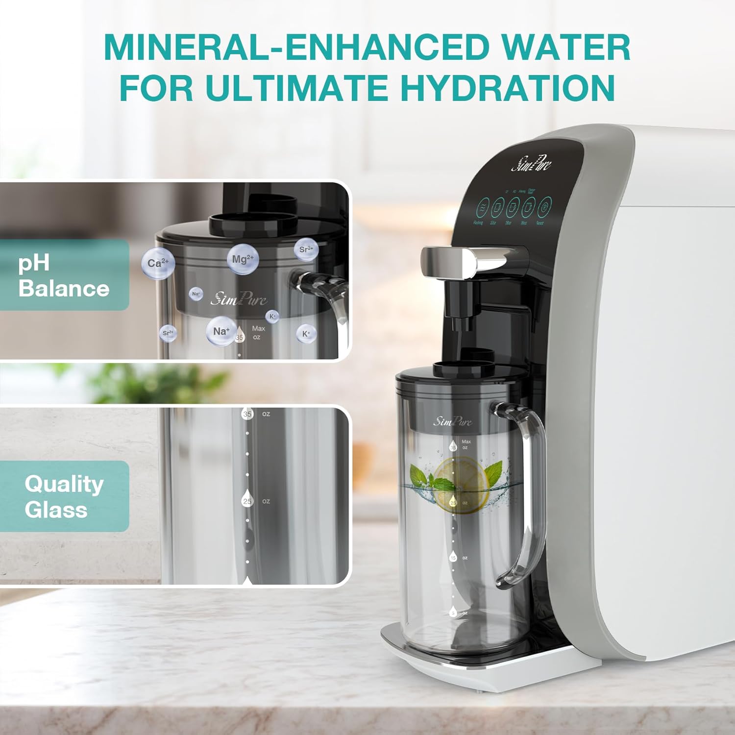 SimPure Y7T-A 5-Stage Countertop RO System with Portable Glass Water Pitcher & Extra Alkaline Remineralization