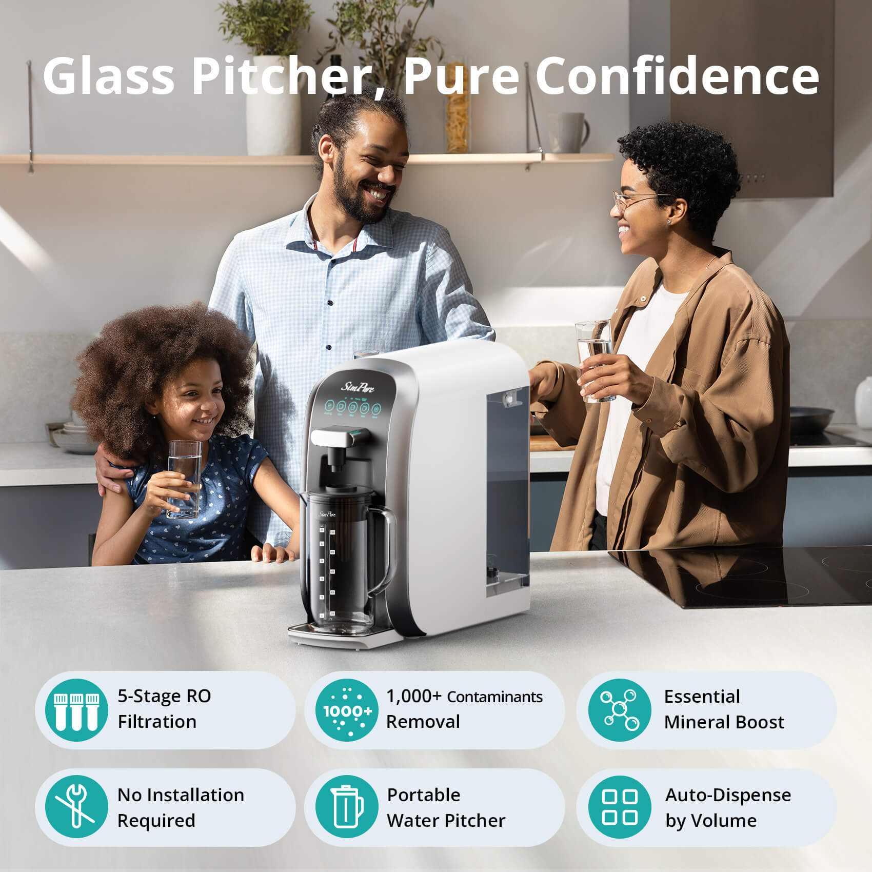 SimPure Y7T-A 5-Stage Countertop RO System with Portable Glass Water Pitcher & Extra Alkaline Remineralization