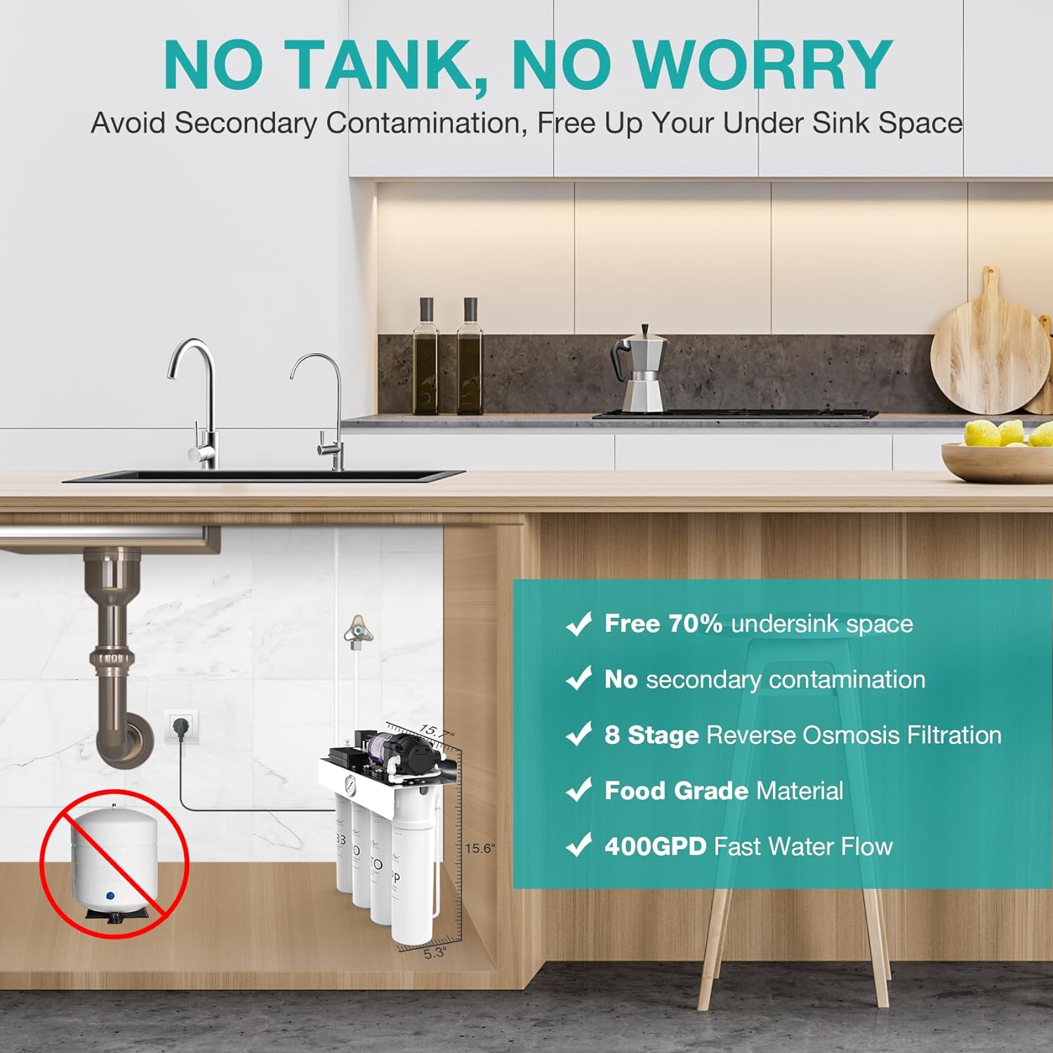 SimPure T1-400 8 Stage 400GPD Under Sink Tankless RO System Nearly 0 TDS