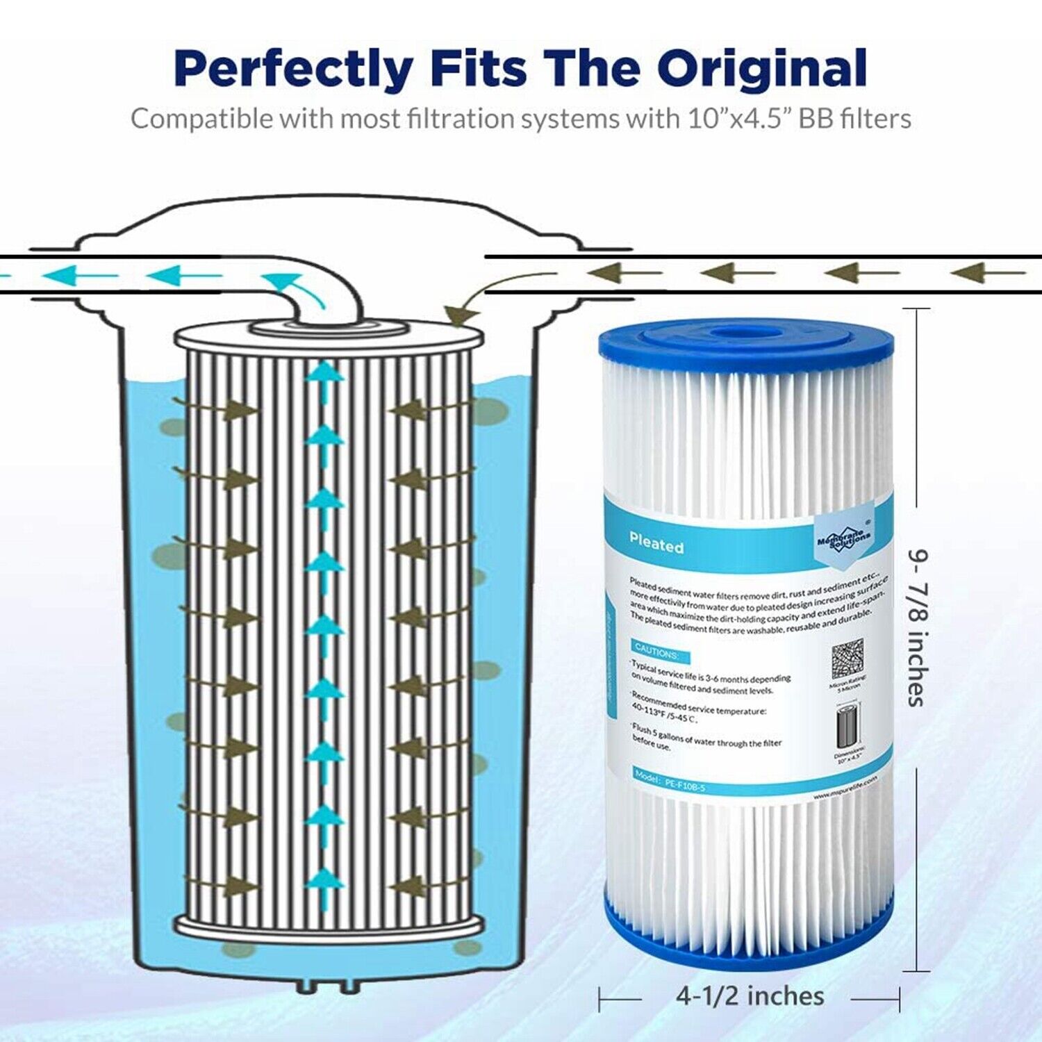 Membrane Solutions Pleated Water Filter Home 10"x4.5" Whole House Heavy Duty Sediment Replacement Cartridge