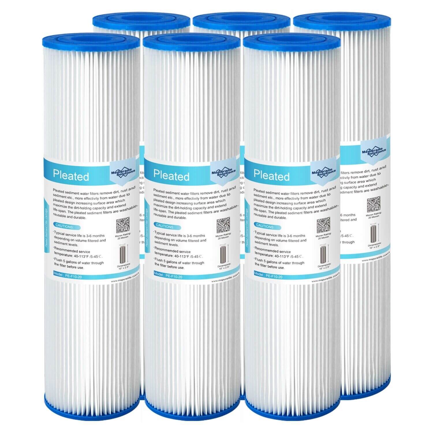 Membrane Solutions 10" x 2.5" Pleated Polyester Sediment Water Filter  Replacement Cartridge Universal Whole House Pre-Filter 5/20/50 Micron