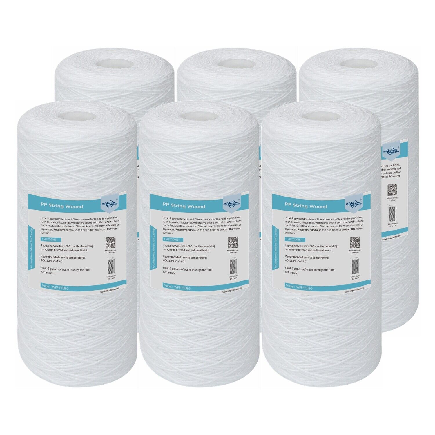 Membrane Solutions 10" x 4.5" String Wound Sediment Water Filter 1/5/10 Micron for Big Blue