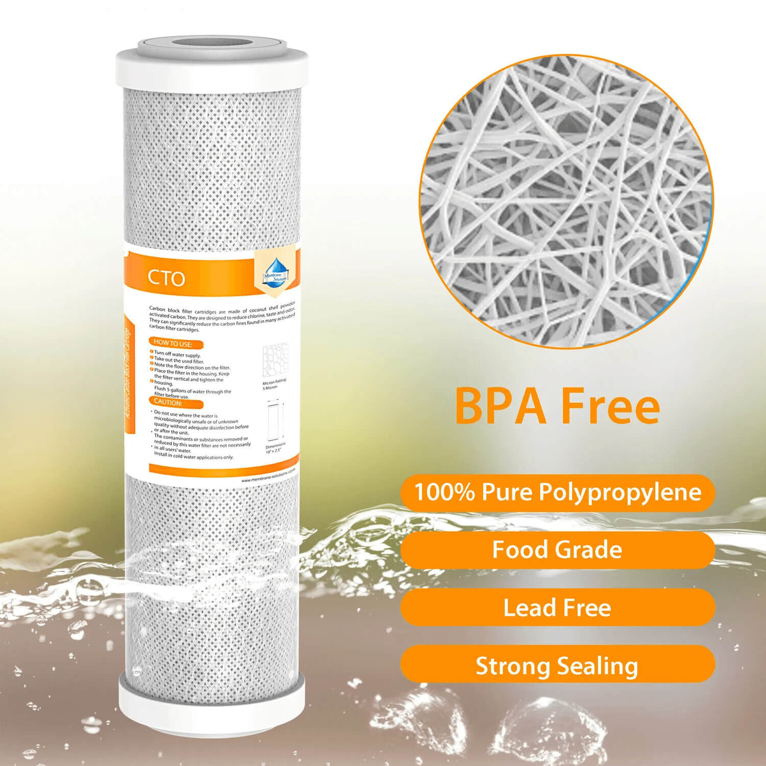 Membrane Solutions Coconut Shell Activated Carbon Whole House Sediment Water Filter Cartridge Replacement | 5 Micron 10" x 2.5"
