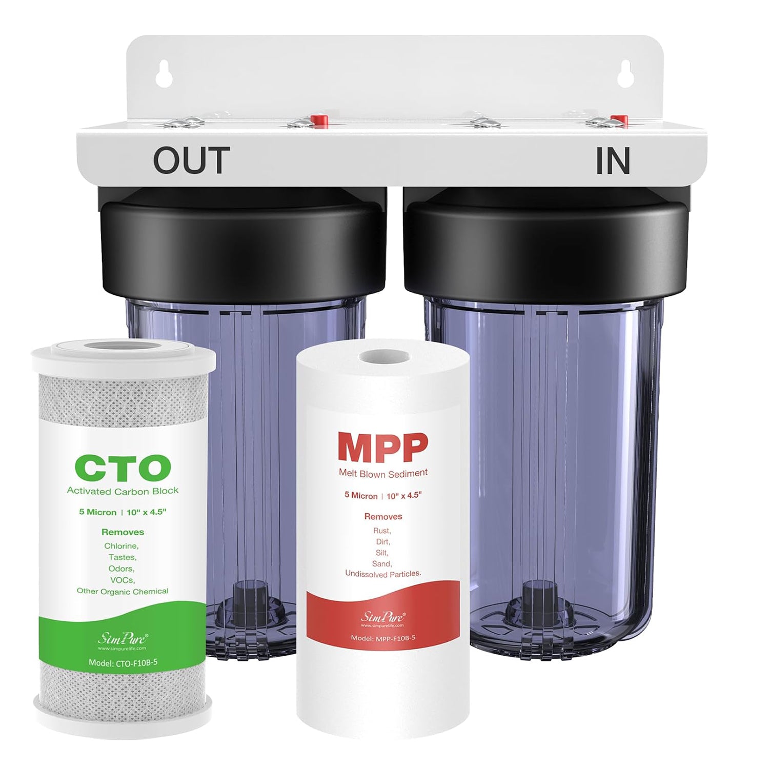 SimPure DB10C-2 5 Micron 2-Stage Whole House Water Filtration System with 4.5 x 10 inch Sediment and Carbon Block Filters for City/ Well Water