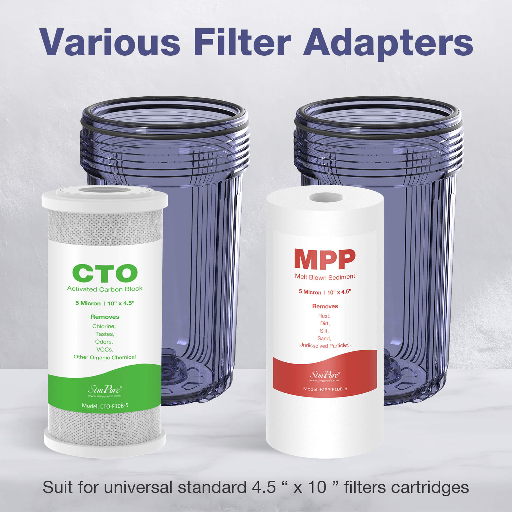 SimPure DB10C-2 5 Micron 2-Stage Whole House Water Filtration System with 4.5 x 10 inch Sediment and Carbon Block Filters for Well Water