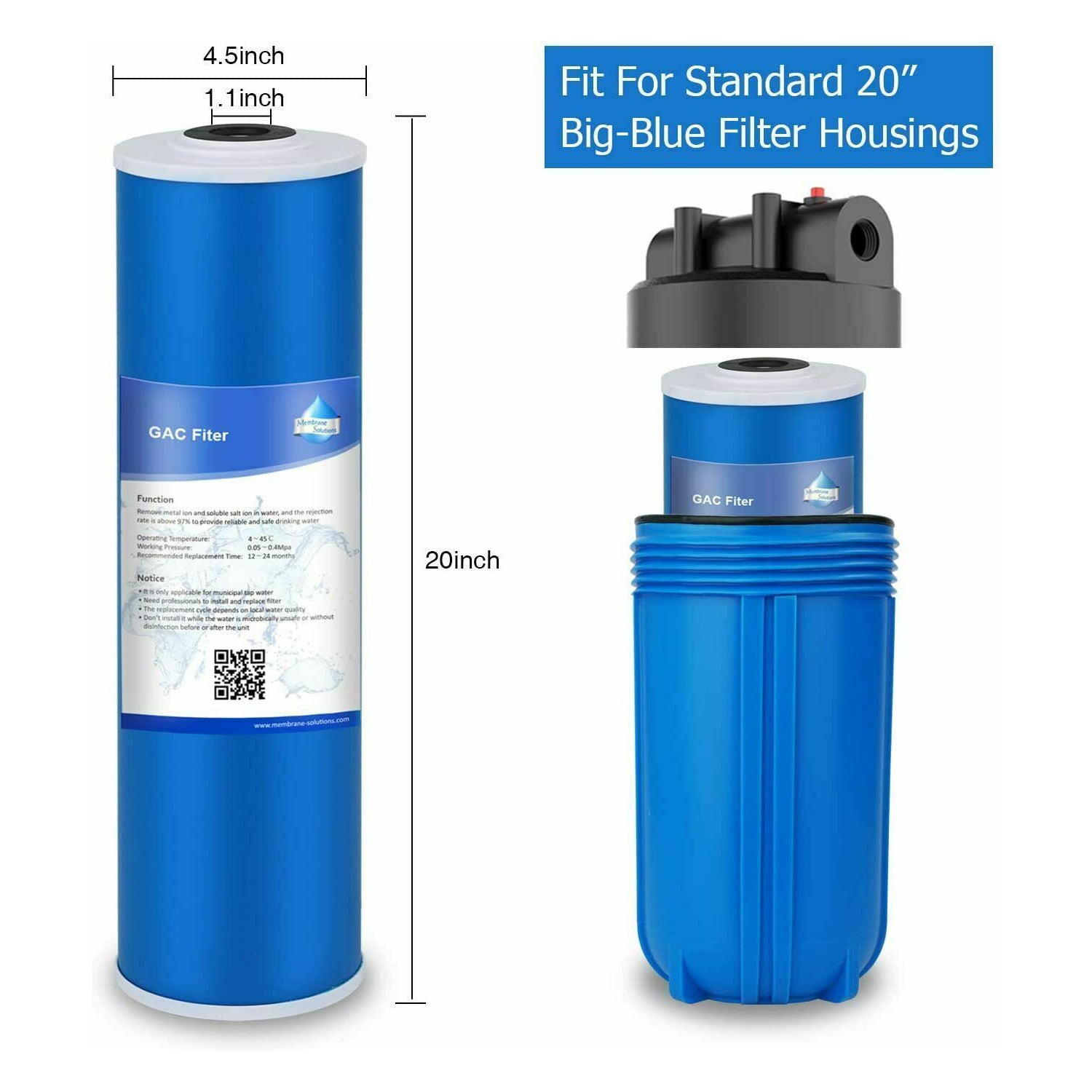 Membrane Solutions 20" x 4.5" 5 Micron Big Blue GAC Granular Activated Carbon Water Filter Cartridge