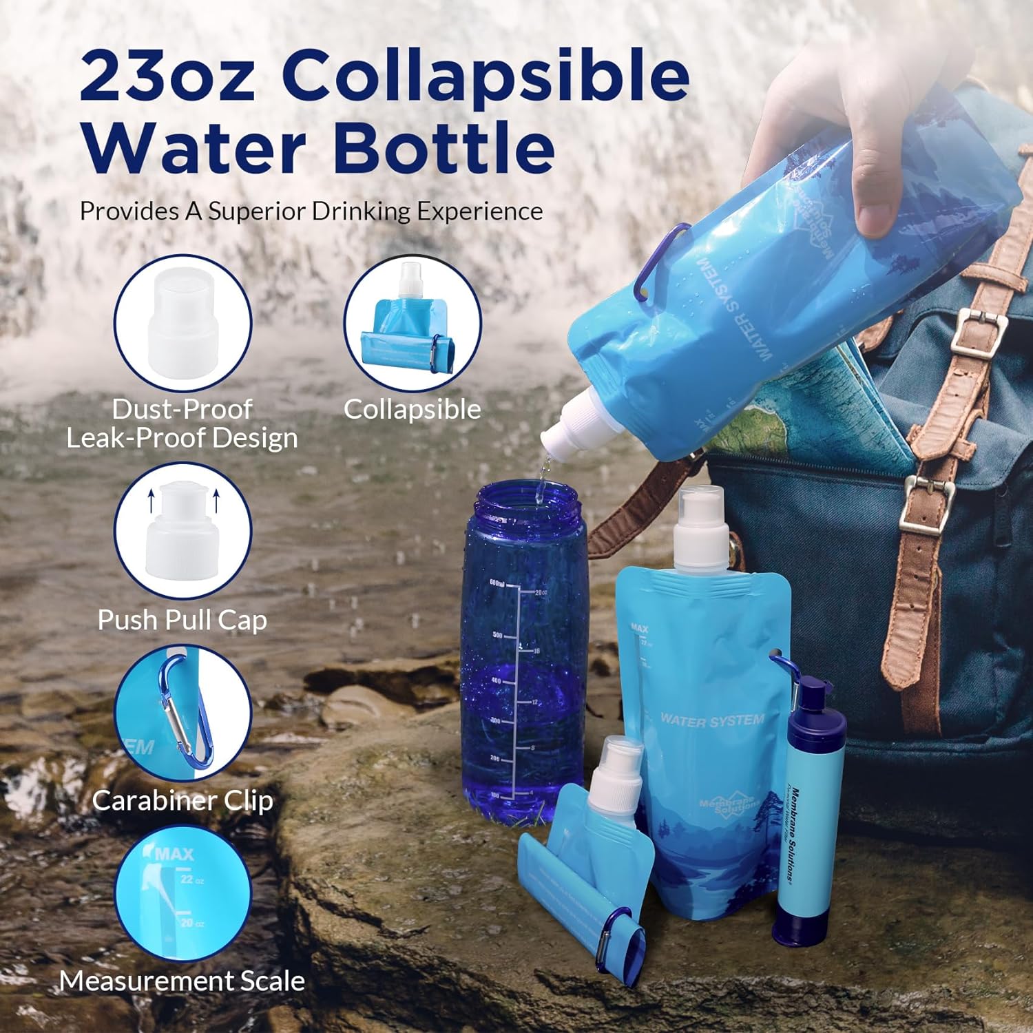 Membrane Solutions Squeezable Water Filtration System | Water Purification Kit Survival for Hiking Camping Travel