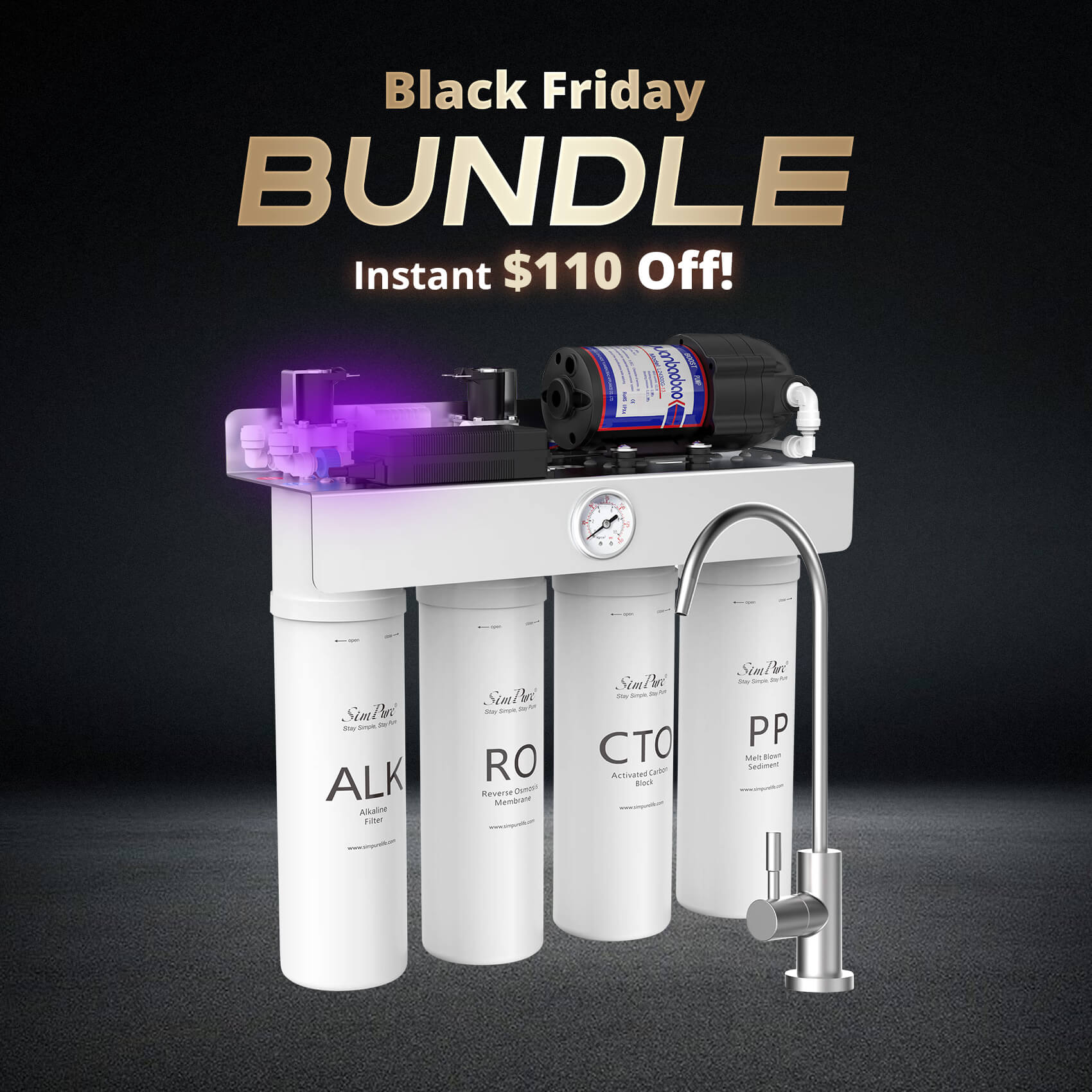 SimPure T1-400ALK 8 Stage 400GPD Under Sink Tankless RO System with Remineralization