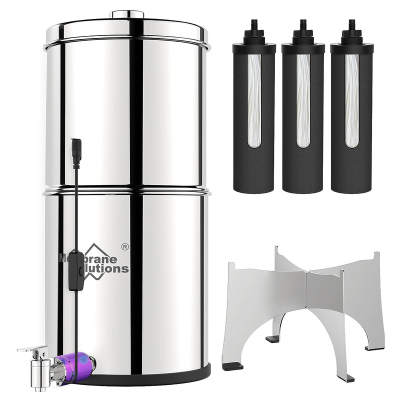 Membrane Solutions U3 UV Stainless Steel Gravity Water Filter Fed Tank with 3 Filters | 2.25 Gallons for Home, Camping, Travel, RV, Emergency