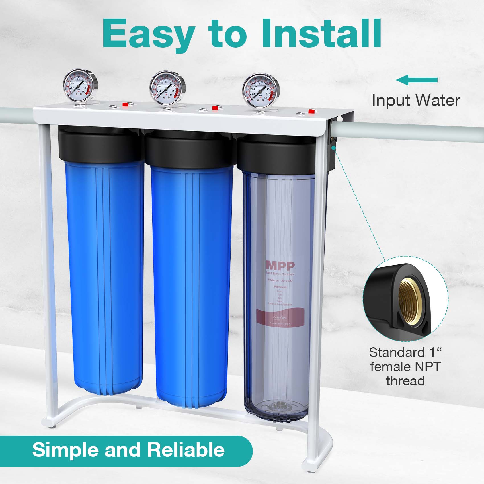SimPure DB20P-3 3-Stage Whole House Water Filtration System with 5 Micron 20” x 4.5” Sediment & Carbon Water Filters for Well Water