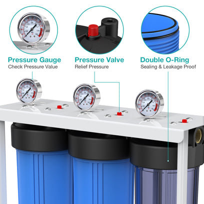 SimPure DB20P-3 3-Stage Whole House Water Filtration System with 5 Micron 20” x 4.5” Sediment & Carbon Water Filters for Well Water