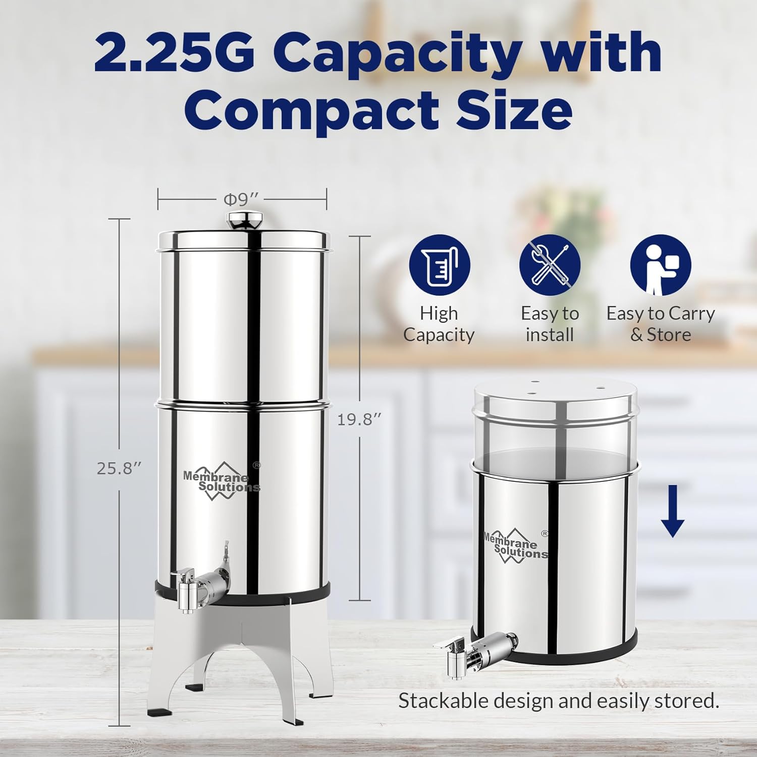 U3 Gravity Fed Water Filter 2.25 Gallons, Countertop UV Water Ststem with Stainless Steel Tank and 3 Packs of Berkey Filter Replacement