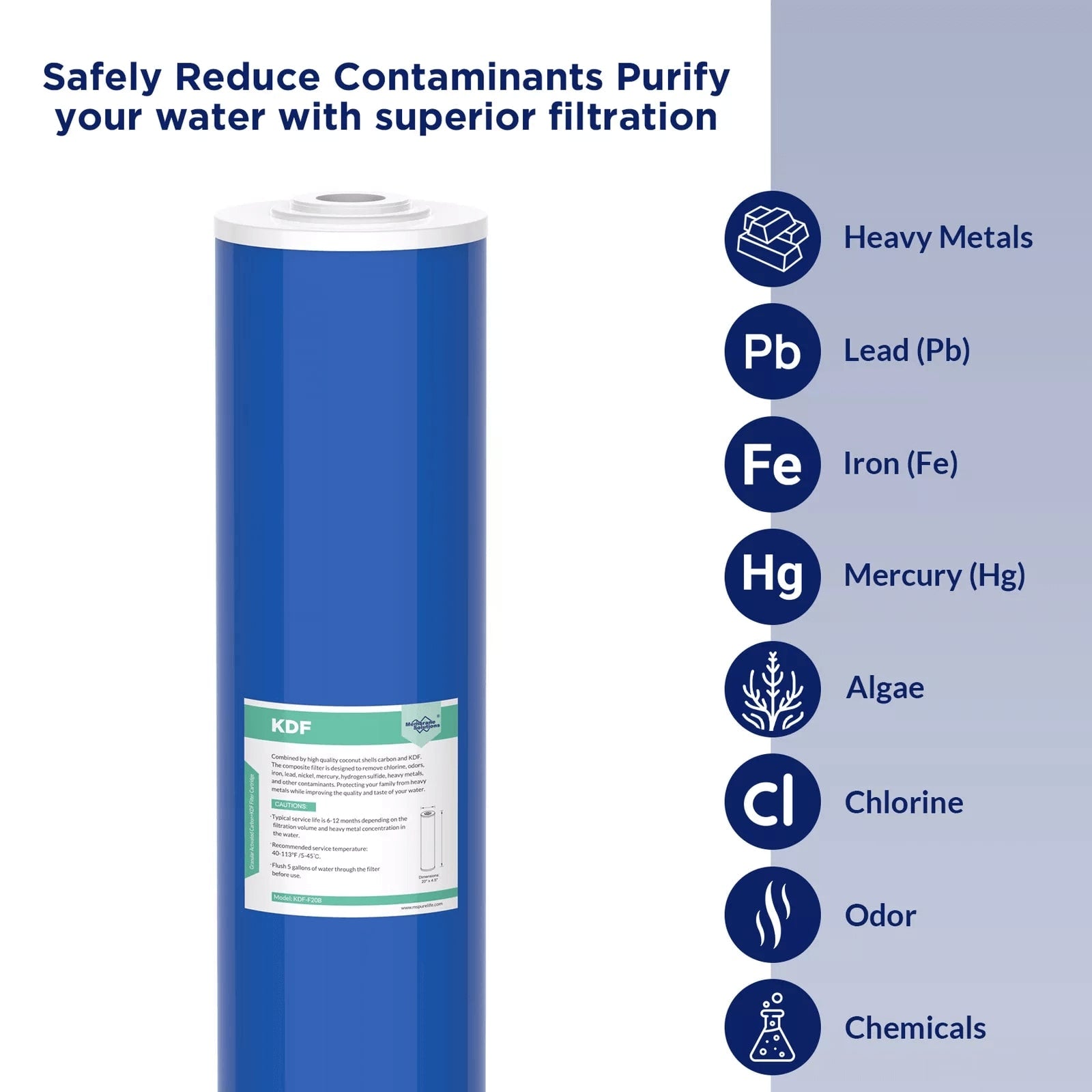 Membrane Solutions 20"x4.5" KDF Big Blue Whole House Water Filter Reduce Heavy Metals Iron Lead