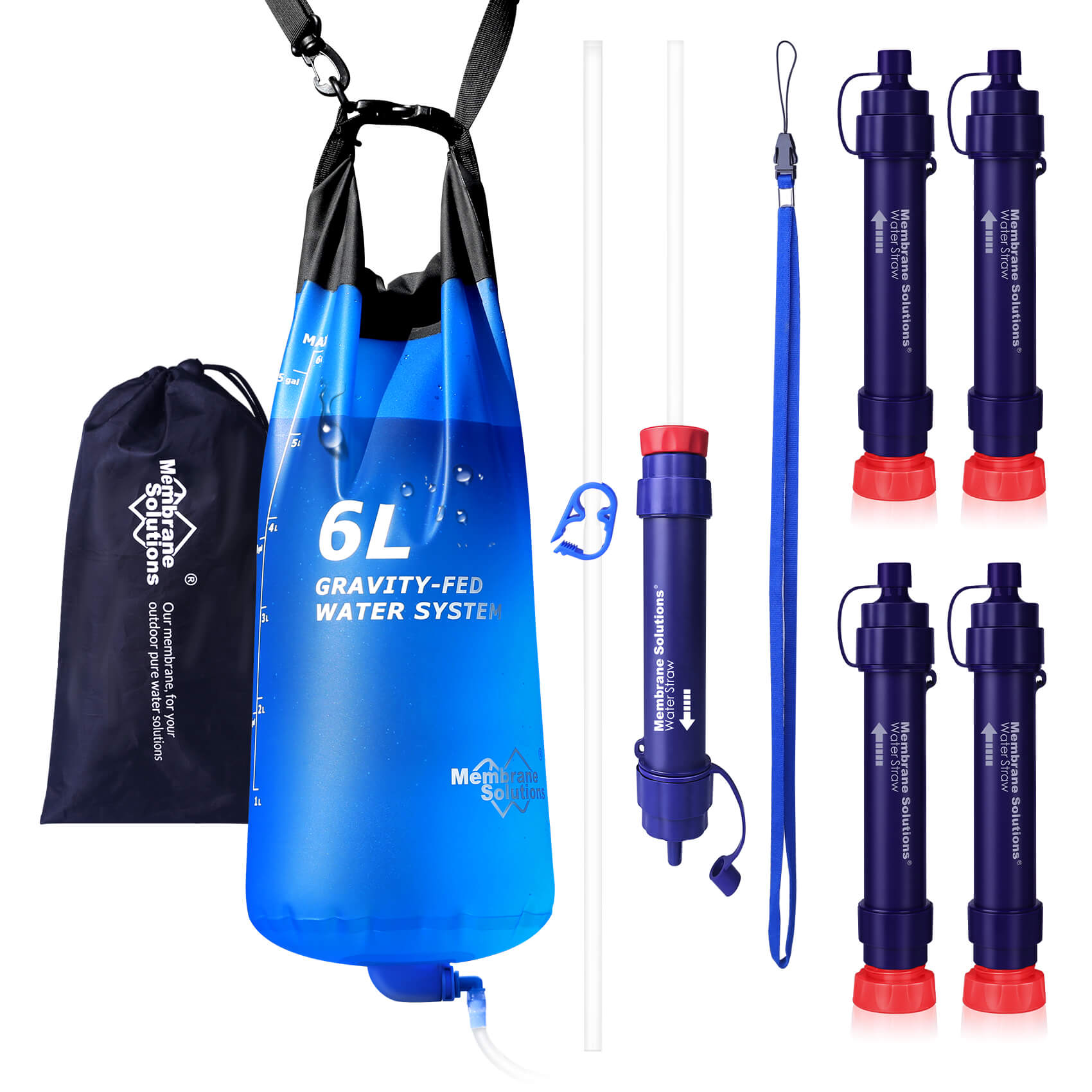 Membrane Solutions 6L Gravity Straw Water Filter Purification Systems Sets for Camping, Hiking, Emergency Preparedness