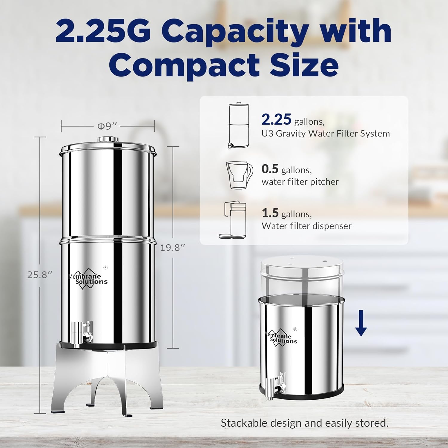 Membrane Solutions U3 2.25-Gallons Stainless Steel Gravity Water Filter with 3 Black UF Filters