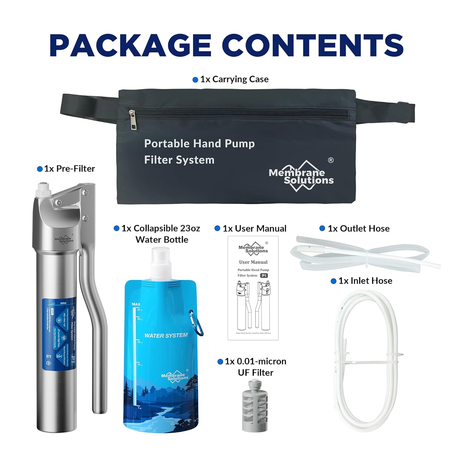 Membrane Solutions P1 Stainless Steel Hand Pump Water Filter System for Hiking, Camping, Emergency
