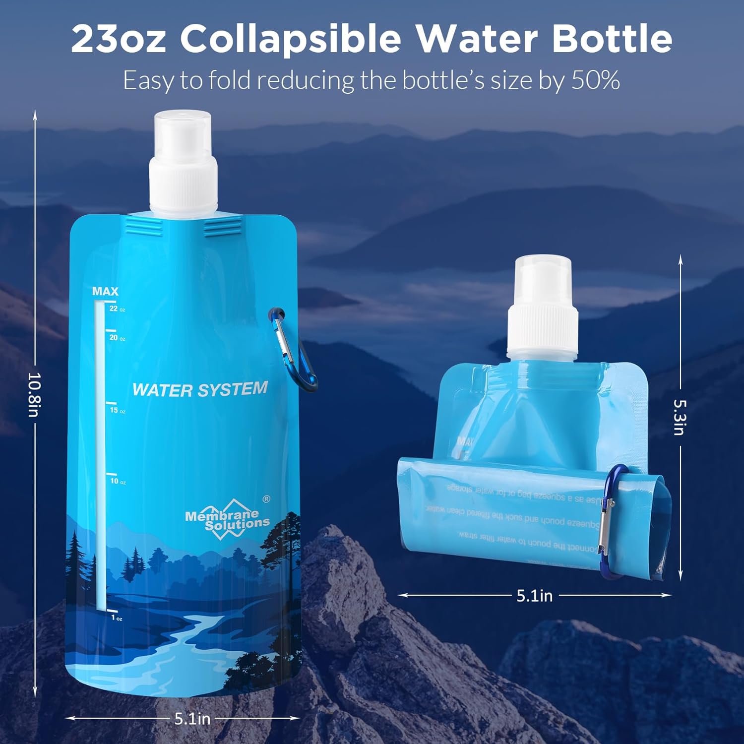 Full Color Custom Collapsible Silicone Water Bottle w/ Carabiner - 23 oz.