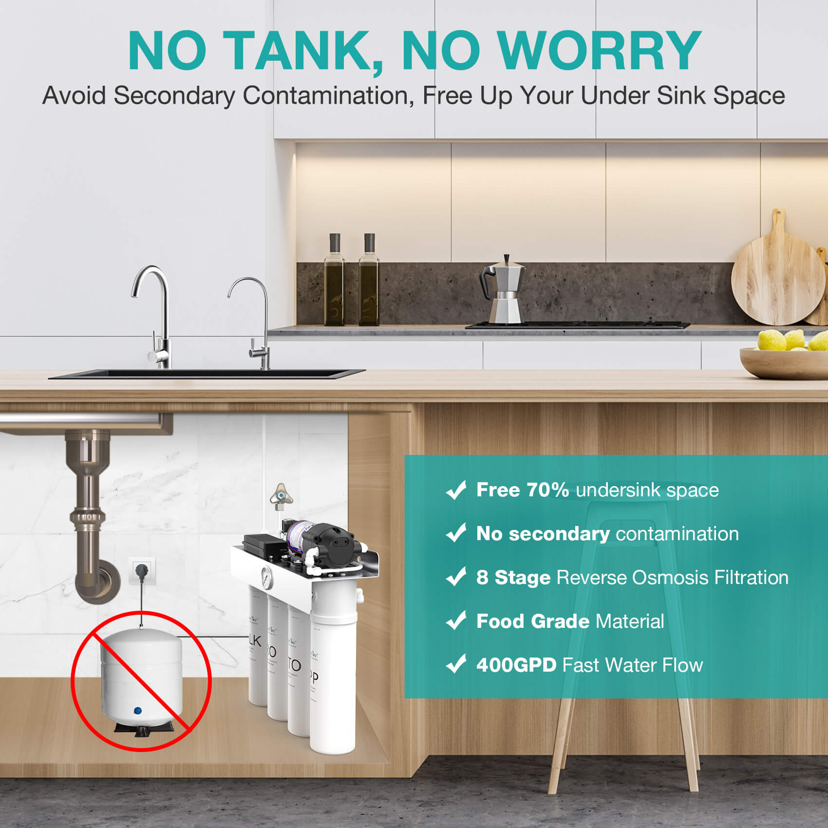 SimPure T1-400ALK 8 Stage 400GPD Under Sink Tankless RO System with UV & Remineralization