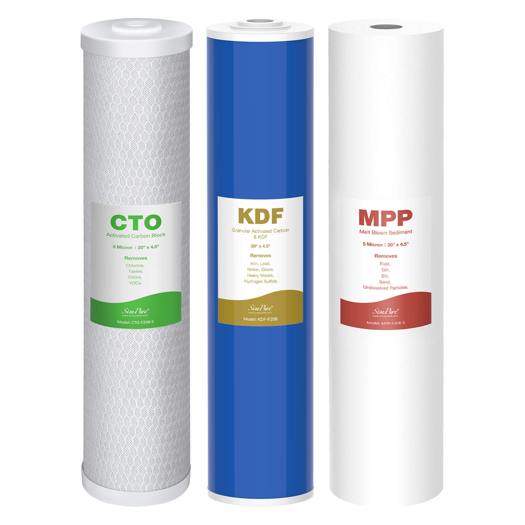 SimPure DB20P-3KDF/DB20P-3/DB20P 20" x 4.5" Whole House Water Filter Replacement Filter Set