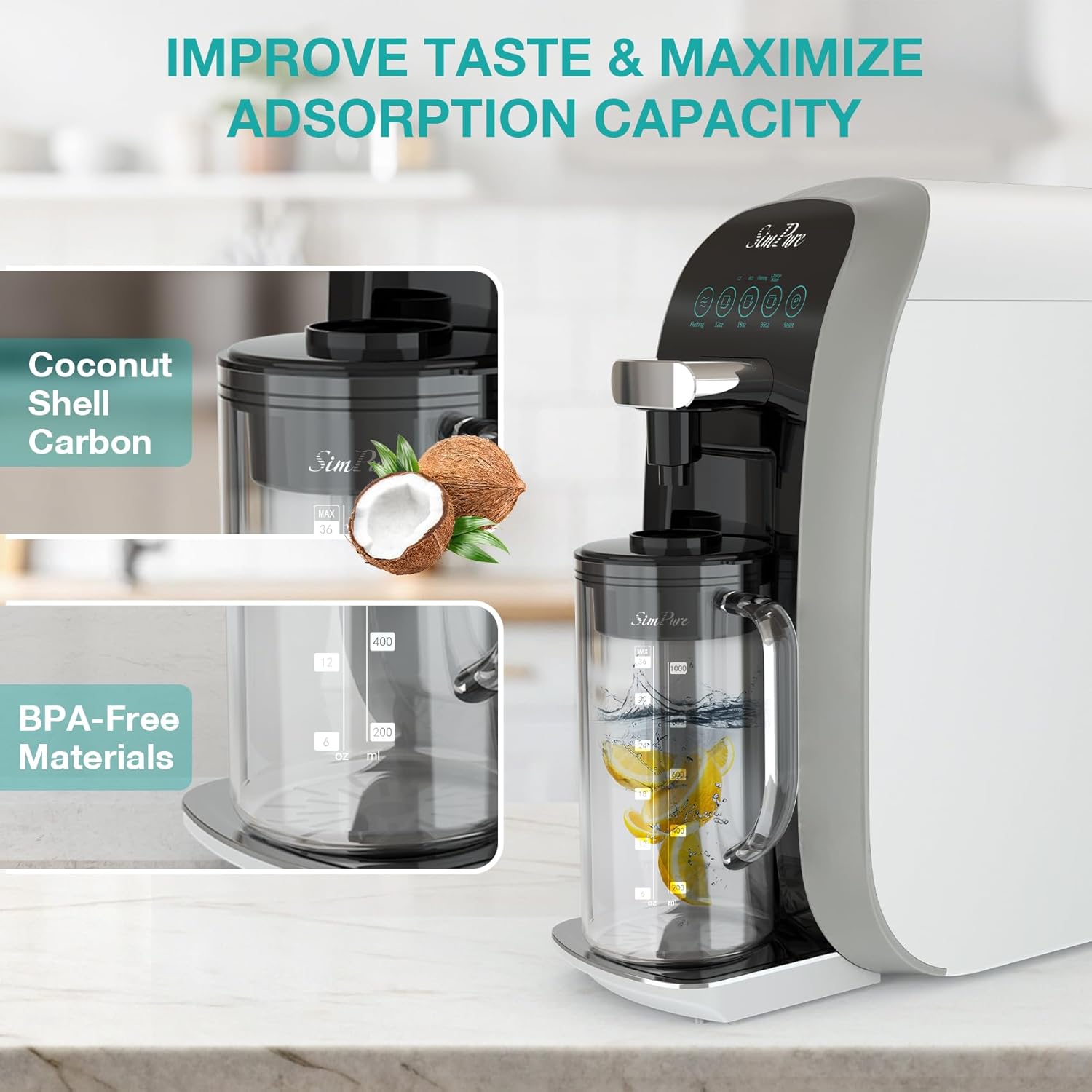 SimPure Y7T-BW-C Countertop RO System with Portable Glass Water Pitcher & Extra Carbon Filtration