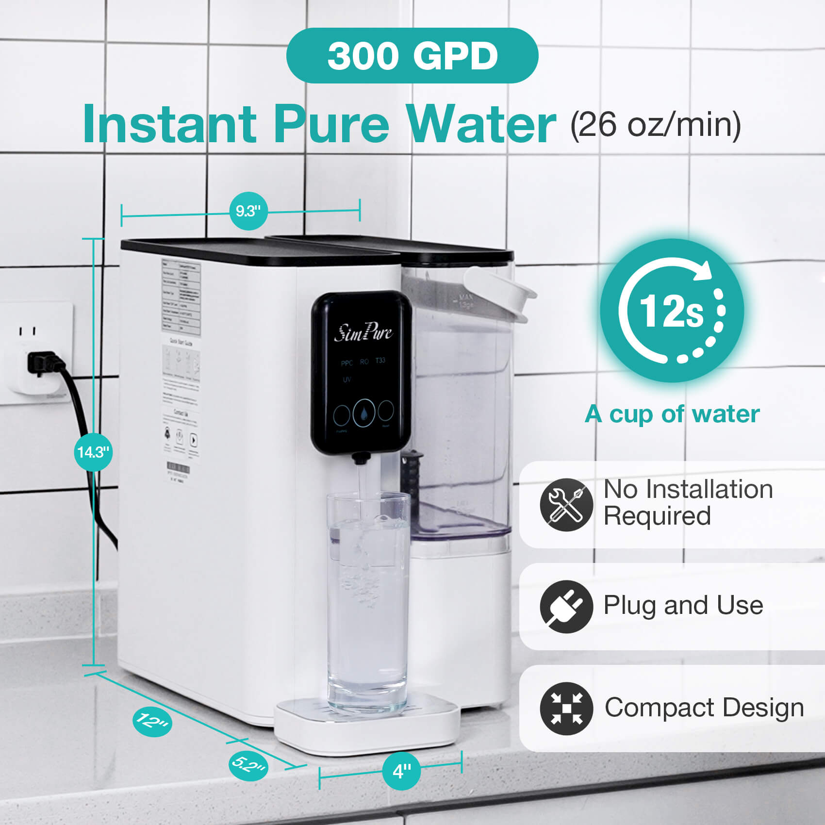 SimPure Y9T 6-Stages UV 300GPD Portable Countertop Reverse Osmosis Water Filtration System | RO+UV+T33 Filtration