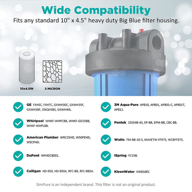 SimPure 10" x 4.5" Activated Carbon Water Filter | 5 Micron Filtering (2 Pack)