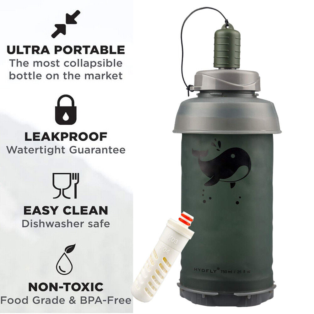 Small Collapsible Water Bottle With Carbon Filter For Hiking Camping