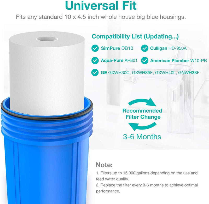 SimPure 4.5 x 10 Inch Whole House PP Sediment Water Filter Replacement Cartridge (4 Pack)