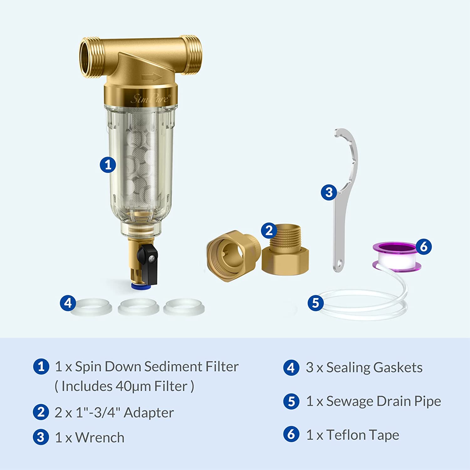 SimPure DC5S Whole House Anti Scale Spin Down Water Filter with Siliphos | 40 Micron