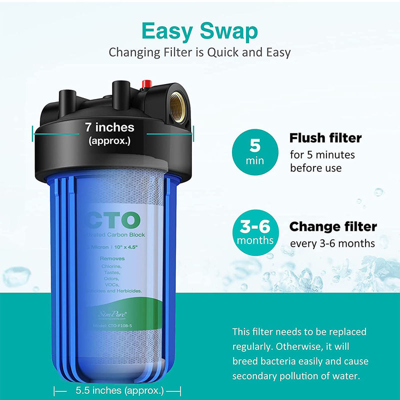 SimPure 10" x 4.5" Activated Carbon Water Filter | 5 Micron Filtering (2 Pack)